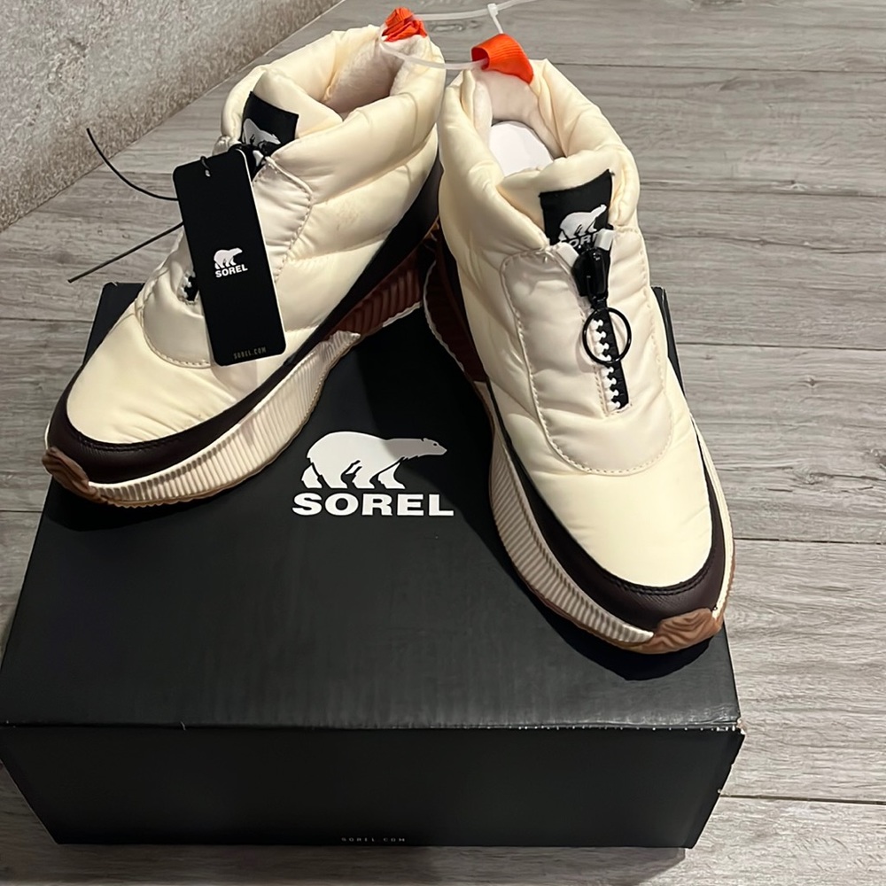Sorel Cream and Brown Quilted Winter Boots